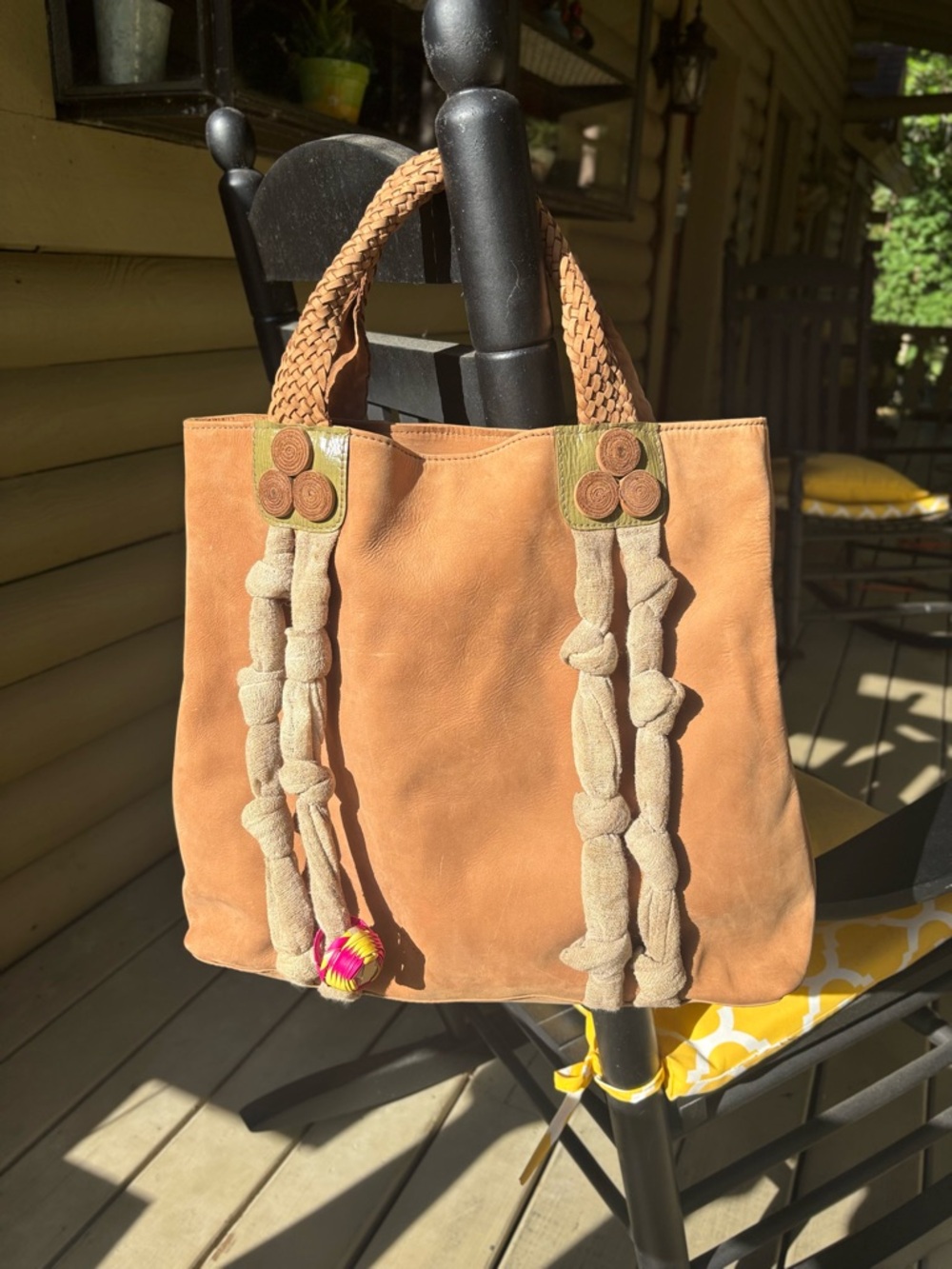 Portland Leather Tan Tote with Braided Handles and Knotted Trim